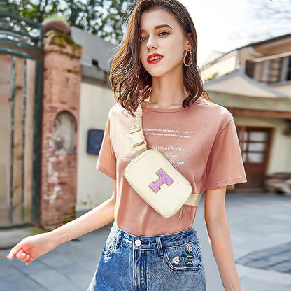 Gitus Gifts for 8 9 10 11 12 Year Old Girls Belt Bag Fanny Pack Crossbody Bags with Initial Letter Patch Cute Stuff Birthday Gifts for Teen Girls Women Personalized Trend Stuff (Ivory-T)