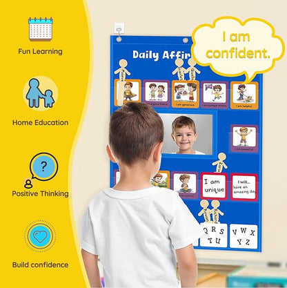 Daily Affirmations for Kids Pocket Chart with Mirror Large Pocket Chart for Classroom, Mindfulness Affirmation Mirror for Toddler with 47 Cards Calm Down Corner Supplies (Blue)