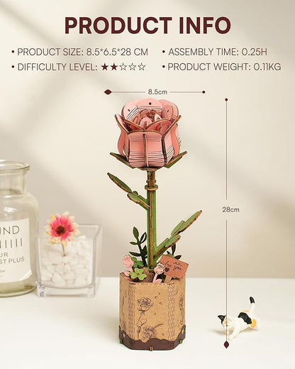 3D Flower Wooden Puzzles for Adults-Pink Rose, DIY Wooden Flowers Model Kit Building Set Crafts for Adults to Build, Botanical Collection/Ideal Creative Gift Ideas/Housewarming (104PCS)