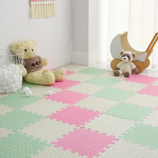 36 Tiles Foam Play Mat for Baby, 0.4 Inch Thick Foam Interlocking Floor Mats, Soft Non-Toxic Baby Playmat, Solid Colored Puzzle Play Mat Kids Floor Mats for Toddler(White/Pink/Bean Green)
