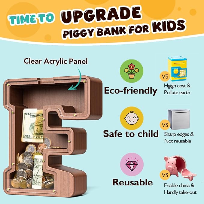 Summidate Wooden Letter Piggy Bank, Extra Thick Large Capacity Piggy Bank for Kids Boys Girls Toddler, Alphabet F Money Bank| Coin Box Birthday, Christmas, Festival
