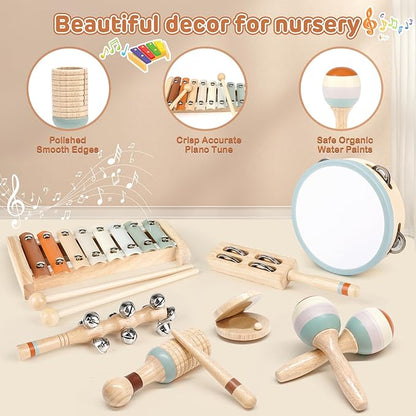 Toddler Musical Instruments, Joyreal Baby Musical Instruments Montessori Wooden Toys for Toddlers 3, Neutral Colors Percussion Instruments Set, Aesthetic Modern Boho Xylophone for Kids Playroom Gifts