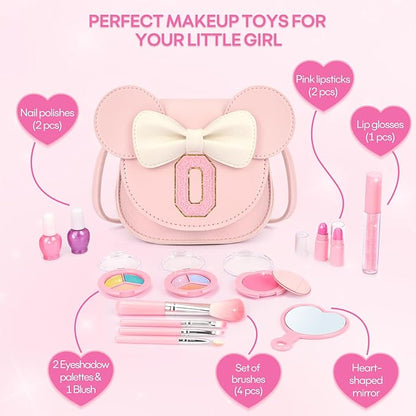 Kids Makeup Kit for Girls - 15 Pcs Real Washable Make Up Set - Non Toxic Toddlers Cosmetic with Letter Mouse Ear Purse - Dress up Birthday Gifts for 3 4 5 6 7 8 Years Old Girls - O