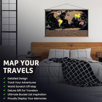 Landmass Scratch Off World Map, with Wood Hanger Frame, Extra Large 36x24 Inch Travel Map Poster, Scratchable Flags and Countries, Wall Art for Travelers, Adventure Gift for Home or Office Decor