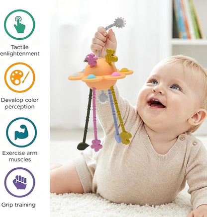 Silicone Baby Sensory Montessori Toys & Pull String Teething Toys for 6-12-18 Months, Toddler Birthday Gift Car Seat Airplane Travel Toy for 1 2 Year Old Boy Girl Infant 8 9 10 Months Old (Orange)