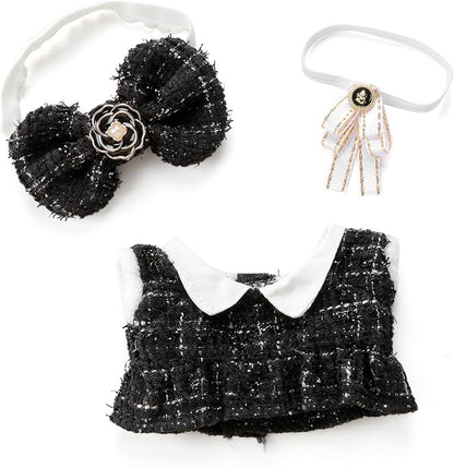 17cm Doll Clothes for labubu - Luxury Chic Style Set for 17cm Dolls, Premium Doll Outfit with Accessories - Black Plaid Tweed Dress + White Necktie + Plaid Bow (Clothes Only)