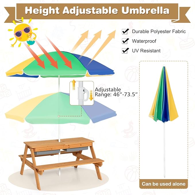Costzon Kids Picnic Table with Sensory Bins, 4 in 1 Sand and Water Table with Height Adjustable Umbrella, Removable Tabletop, Wooden Kids Outdoor Table for Backyard Patio Play