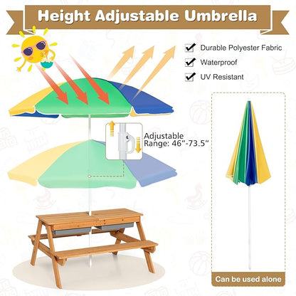 HONEY JOY Kids Picnic Table, 4 in 1 Cedar Wooden Sand & Water Table w/ 2 Removable Box & Umbrella, Kids Picnic Tables for Outdoors Backyard Garden, Toddler Patio Furniture Set for Boys Girls(Colorful)