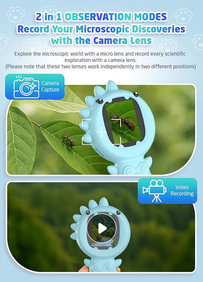 2-in-1 Microscope Camera for Kids, Mini Handheld Microscope Supporting Multiple Viewing Angles, Outdoor Educational Science Adventure Toys, Birthday Gifts for 3-10 Years Old Boys Girls, Blue Dinosaur