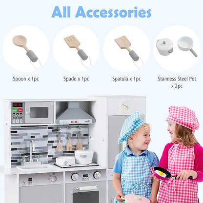 INFANS Kid Kitchen Playset, Toddler Wooden Pretend Cooking Set with Realistic Light & Sound, Stove, Sink, Microwave, Storage Cabinet, Play Kitchen Toy Set for Children Boys Girls (Grey)