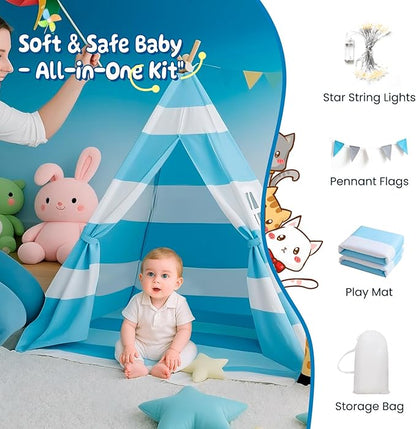 Teepee Tent for Kids with Padded Mat, Lights, and Carry Bag, Washable Playhouse for Indoor Use, Ideal Play Tent for Girls and Boys,Stripe Blue