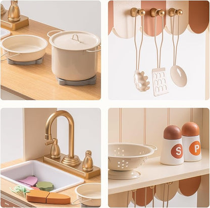 ROBUD Play Kitchen, Wooden Kids Kitchen Playset for Kids with Realistic Design, Sink, Oven, Stove, Cabinet, American Vintage Style, Age 3+