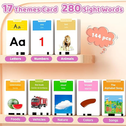 HOMESTEC Toddlers Bilingual Spanish & English Talking Flash Cards with 288 Sight Words, Speech Therapy Toys for 1 2 3 4 5 6 Years Old Boys and Girls, Learning Educational Kids Gifts (Pink)