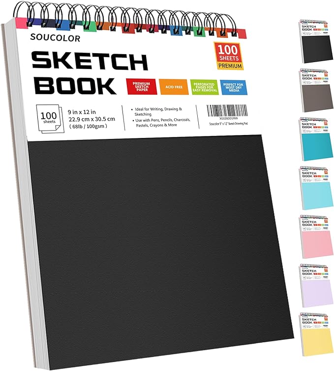 Soucolor Sketch Book, Spiral Bound Acid-Free Sketchbook with 68lb/100gsm for Paper Painting, Drawing, Writing, Artist Sketching Pad for Kids, Adults & Teens, 100 Sheets (Black, 9 x 12 Inch, Pack of 1)