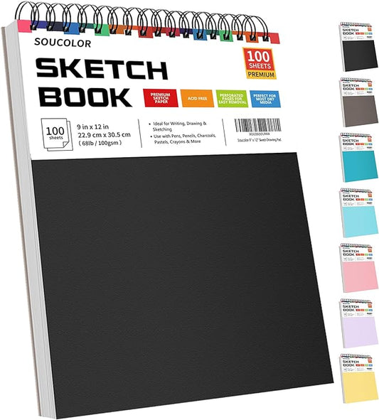 Soucolor Sketch Book, Spiral Bound Acid-Free Sketchbook with 68lb/100gsm for Paper Painting, Drawing, Writing, Artist Sketching Pad for Kids, Adults & Teens, 100 Sheets (Black, 9 x 12 Inch, Pack of 1)