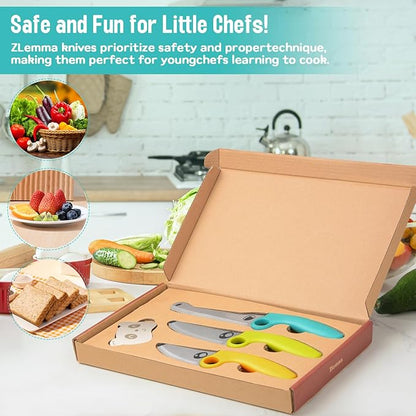Kids Knife Set for Real Cooking with Educational Ring & Panda Finger Guard for Boys & Girls Cutting, Kids Chef Knife Stainless Steel Blade for Kitchen Cutting-Cool-toned