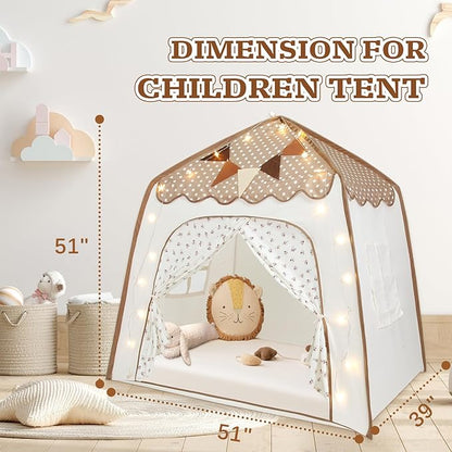 Toddler Bed Tent, Kids Play Tent with Flags, Star String, Portable Bed Canopy for Boys & Girls, Children, Indoor Outdoor Dome Playhouse, Brown Dots & Floral Pattern, 51" x 39" x 51"