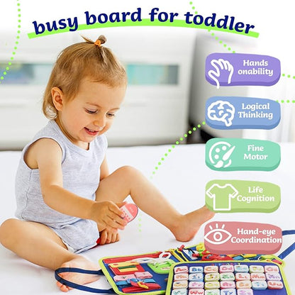 TenFans Montessori Busy Board | 3-5 Year Old Toddler Learning Toy | Fine Motor Skills Development | Montessori Sensory Playset | Early Childhood Education Tool | Portable Travel Preschool Activity Kit