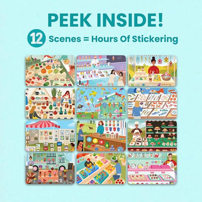 CUPKIN Sticker Book for Kids 2-4, 500+ Kids Stickers, Farmer's Market 12 Coloring Pages 12 Side by Side Scenes, Fun Toddler Travel Activity Coloring and Sticker Books for Children Ages 4-8 + 8-10