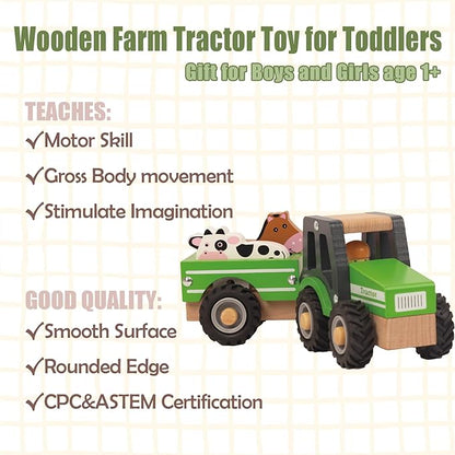 Wooden Tractor Toys for Toddlers 1-3, Baby Vehicle Toys Hand Push Car Toys for 1 2 3 Year Old Boys Girls (Green)