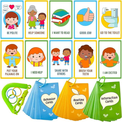 QUOKKA Autism Learning Materials - Communication Cards for Kids - 94 Visual Flashcards with 3 Rings & Clip