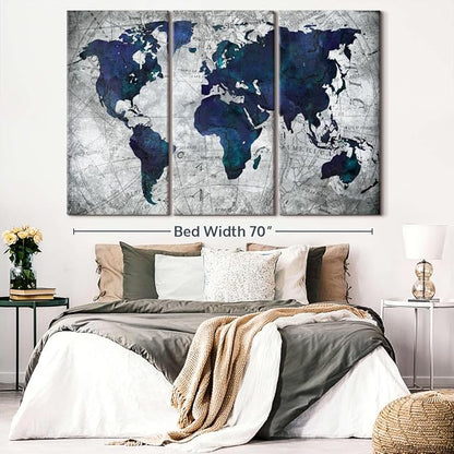 ElephantStock Deep Blue World Map Multi Piece Canvas - 3 Panel Wall Decor - Map of the World Art - Canvas for the Office and Home - 74" X 48"