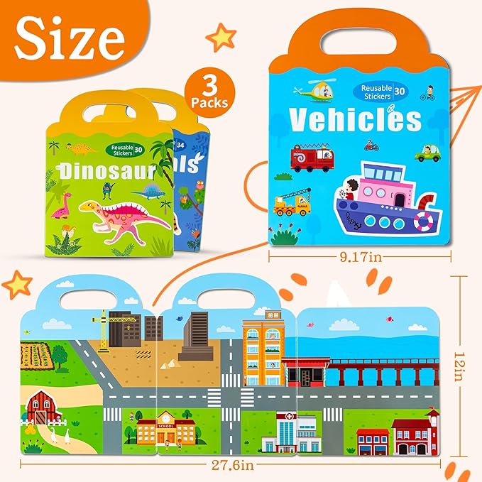 3 Pack Magnetic Reusable Sticker Book for Kids Ages 3-6, Vehicles, Farmhouse Animal, Dinosaur, 3 Hot Topics Magnet Activity Book for Boys Girls Road Trip Airplane Train Travel Toy Birthday Gifts