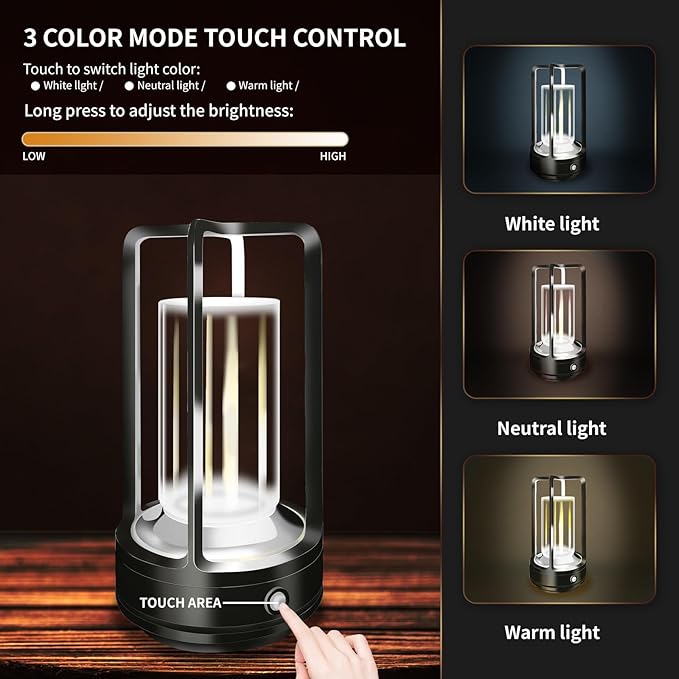 Portable Metal Table Lamp, 4000 mAh Rechargeable Outdoor Table Lamp, 3 Color Stepless Dimmable Cordless Lamp for Patio/ Camping/ Bar /Coffee Shop /Camping/ Indoor/Outdoor(Black)