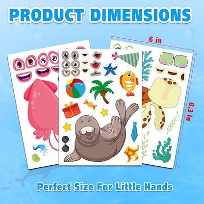Aowplc 42 Pcs Ocean Animals Make-a-Face Sticker Sheets for Kids - 14 Sea Creature Designs for Party Favors, Classroom Activities, Arts & Crafts