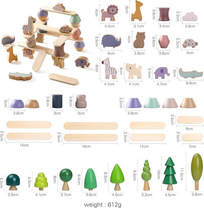 Wooden Animal Forest Balance Stacking Toy Set 36PCS Wood Miniature Tree Blocks Set Elegant Ornaments for Home Decor Wooden Mini Trees Animals Balance Toy for Toddler 36 Months+