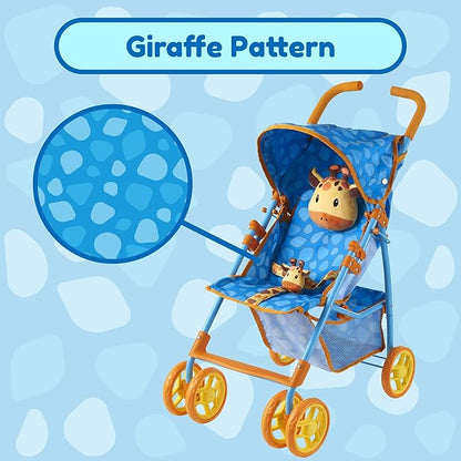Baby Doll Stroller for Toddlers 3-10, Pillow Animal Toy Baby Stoller for Dolls, Blue Folding Baby Toy Stroller for Dolls, Foldable Stroller for Girls, for Bigger Kids (Giraffe)