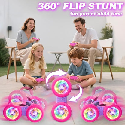 Remote Control Car, RC Cars for Girls, 2.4 GHz Double Sided RC Crawler with Upgraded USB-C Modular Battery, 360°Rotating Car Toys for 6 7 8 9 10 11 12 Year Old Girl Birthday Gift Pink-Purple