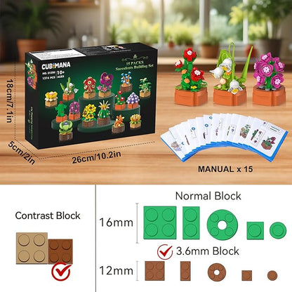 15 Pack Flowers Plants 3.6MM Mini Building Sets - 1314PCS Flower Succulents Botanical Collection for Home Office Décor Block Toy, Party Favors for Christmas Mother's Day Birthday Adults Kids Girls 10+