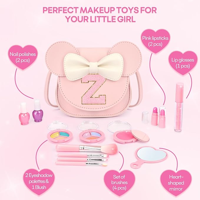 Kids Makeup Kit for Girls - 15 Pcs Real Washable Make Up Set - Non Toxic Toddlers Cosmetic with Letter Mouse Ear Purse - Dress up Birthday Gifts for 3 4 5 6 7 8 Years Old Girls - Z