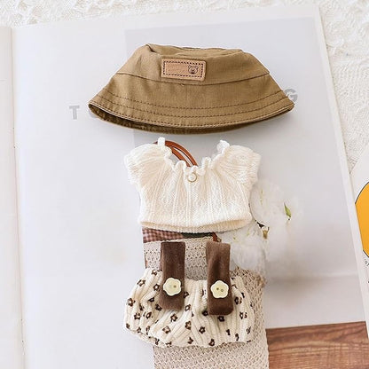 Doll Clothes Outfit Set Compatible with Labubu Cute Hat, Top & Overalls Fits 17cm (6.7 Inches) Dolls Dress Up Accessories for Dolls DIY (No Doll) (Khaki)