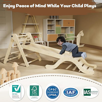 Pikler Triangle Set 7in1 Toddler Climbing Toys Indoor Foldable Baby Climbing Toys Wooden Montessori Climbing Set with Arch, Ramp, Ladder for 1-3 Years, Jungle Gym for Kids (Natural)