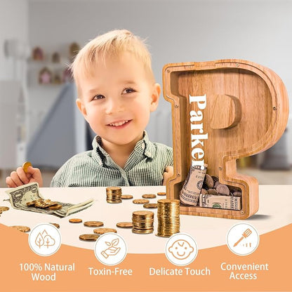 Wooden Letter Piggy Bank for Kids Larger Letter Piggy Bank for Boys and Girls Personalized Piggy Bank Initial Coin Bank Wood Kids Money Bank for Birthday and Festival