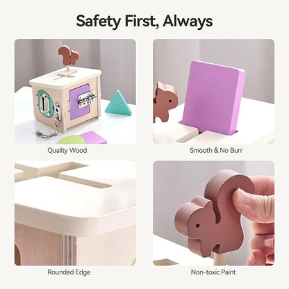 Wooden Lock Box STEM Learning Toys for Kids - Montessori Puzzle Cube with 3 Types of Locks (Hook/Chain/Sliding Bolt), Shape Sorting - Early Educational Fine Motor Skills for Boys & Girls