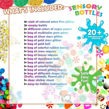 Sensory Bottles Kits Supplies Sensory Toys for Toddlers1-3, Calm Down Corner Supplies with Glitter,2 Fun Containers and Fun Stickers& More(L)
