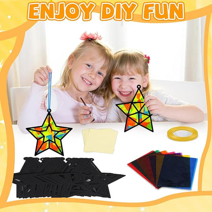 QOUBAI 32 Sets Back to School Stars Suncatchers Craft DIY Window Stained Glass Effect Patriotic 4th of July Paper Craft Home School Classroom Decor Kid Birthday Gift Creative Art Project Activity Game