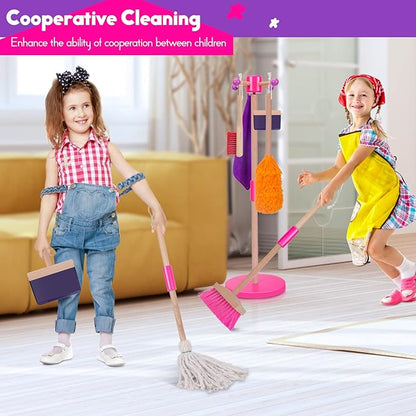 MASTERTOP Kids Cleaning Set 8 Piece, Detachable Toys for Toddlers, Broom Dustpan Mop Brush Duster Rag Sponge and Hanging Stand, Pretend Play Household Tools Gifts for Age 3-8