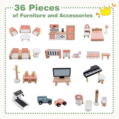 GLACER Wooden Dollhouse, Pretend House w/ 6 Rooms, 3 Storytelling, Ample Accessories, Stair & Door, Ideal Gift for Kids 3+ Years Old