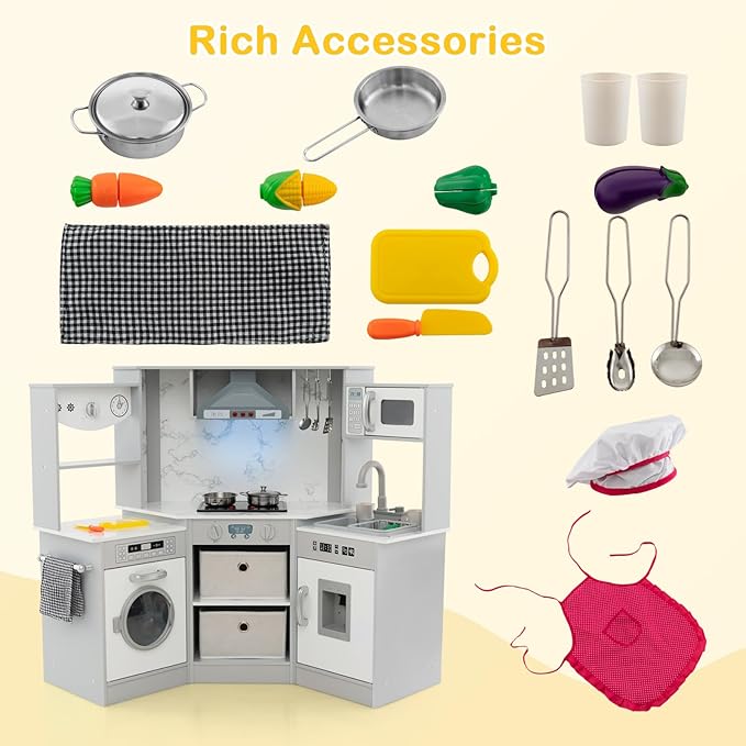 Costzon Corner Play Kitchen, Wooden Toddler Kitchen Playset with Lights and Sounds, Water Circulation System, Washing Machine, Toy Kitchen with Accessories, Kids Kitchen Playset (Grey)