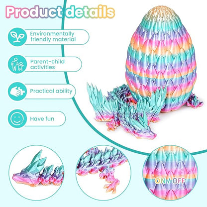 3D Printed Dragon Eggs with Articulated Fly Dragon Inside, Collectible Figurines Fidget Toy for Adults Kids Birthday Easter Christmas White Elephant Gifts for Friends Colleagues(Rainbow, L size)