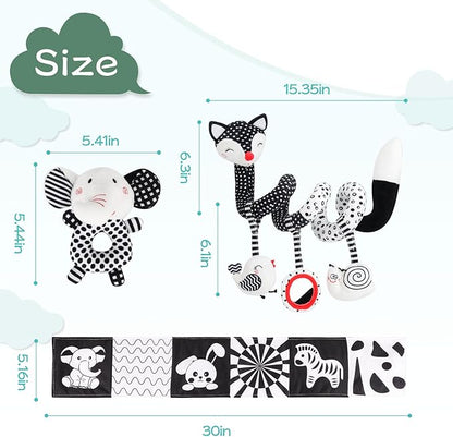 High Contrast Black and White Baby Toys 3-Piece Newborn Essentials Set with Hanging Toys,Rattle Crib Mobile,Baby Book & Car Seat Stroller Toys for 0-3-6-12 Months Infant Development