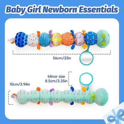 Baby Toys 0-6 Month, Musical Caterpillar Baby Rattle, Plush Sensory Toy with Mirror, Crinkle Textures, Newborn Developmental Tummy Time Stuffed Animal for Infants Boys Girls 6-12 Months (Blue)