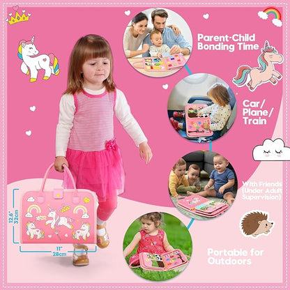 Toddler Sensory Busy Board: Travel Toy Activity Book for Girls Boys, Motor Skill Development Gift for Baby Aged 3-4 Years, Fine Educational Preschool Montessori Learning Toy for Car Airplane Unicorn