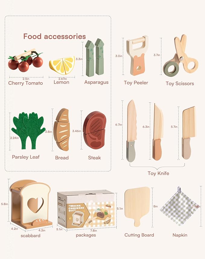 ROBOTIME Play Knife Set, Play Kitchen Accessories, Wooden Kids Play Toy Food – Pretend Play Food Set with Cutting Board, Wooden Fruits, Vegetables, and Cooking Tools for Toddlers Boys Girls