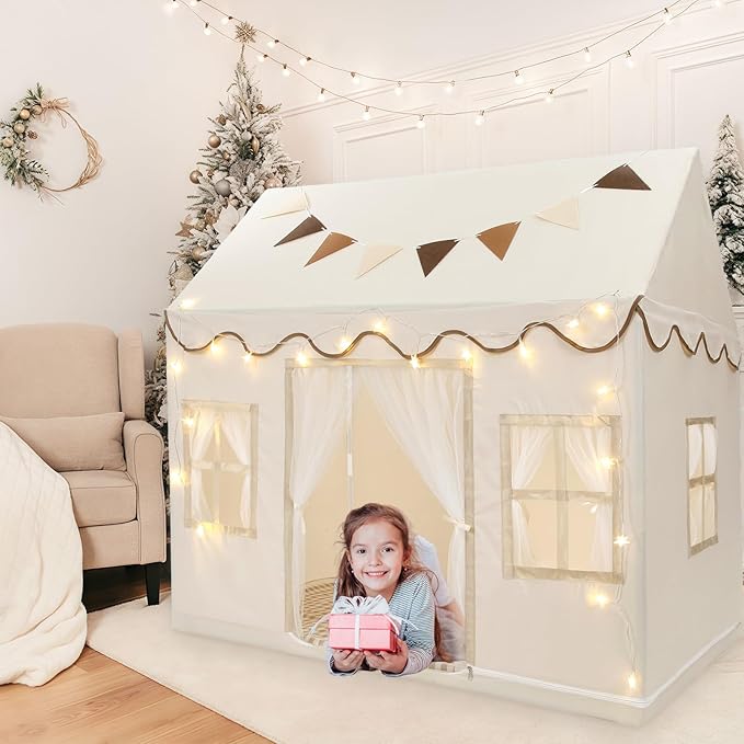 Kids Play Tent, Toddlers Large Playhouse with Mat, Star String, Flag, Machine Washable, Indoor and Outdoor Play Tent for Kids, Girls & Boy Aged 3+, 50" x 34" x 51", Cream