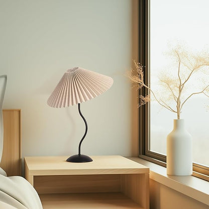 KUNJOULAM Small Pleated Table Lamp, Bedside Nightstand Lamp with Beige Lampshade Black Base, Morden Mini Lamp for Bedroom Home Office Decor, E12 Bulb Included